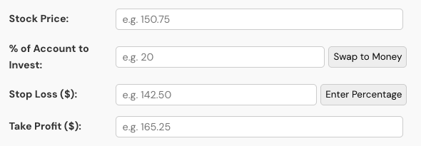 Risk Input Selection for Position Size Calculator