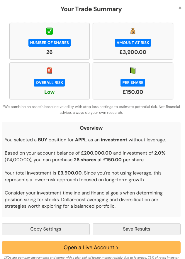 Results on Stock or Forex Position Size Calculator