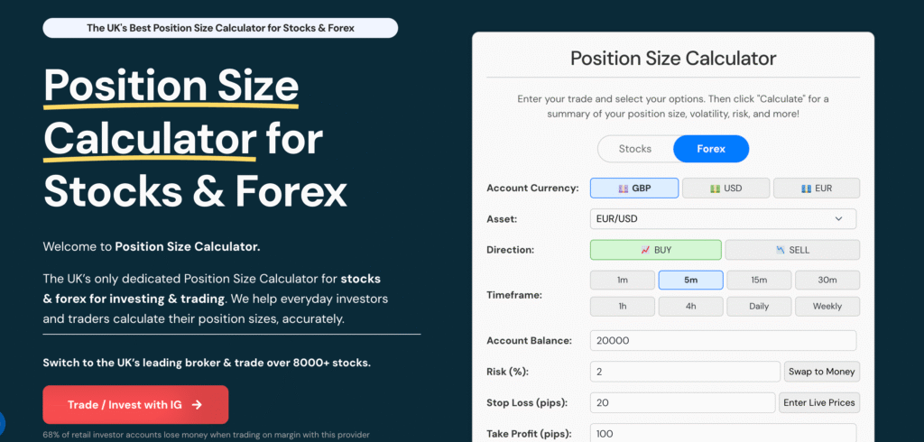 positionsizecalculator.co.uk homepage screenshot